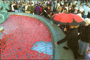 The pools of Trafalgur Square's fountain's turned red with Poppies...