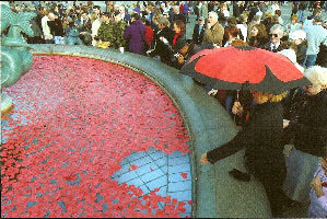 The pools of Trafalgur Square's fountain's turned red with Poppies...