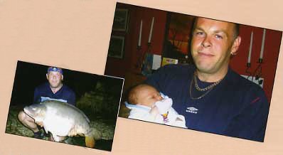 Steve with new Grandson Ryan   inset pic: Steve parades the 38lb Mirror carp he caught while fishing in france