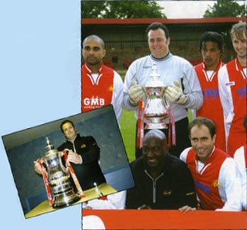 Lee with the cup posing for the BBC, Sky and the press - Inset: Lee with Wembley FC's new DaC tops and the Cup!