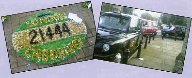 Left: A wreath in the shape of Mick's Badge.  Right: Part of the DaC convoy