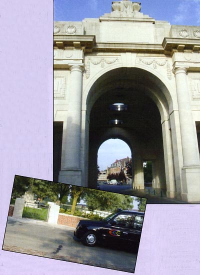 The Mennen Gate contains names of the soldiers who fell in war but never had a marked grave   Inset: Jon's cab sits quietly outside the gates to the war cemetery at Ypres in Belgium where they found the grave of his great grandfather Fred...