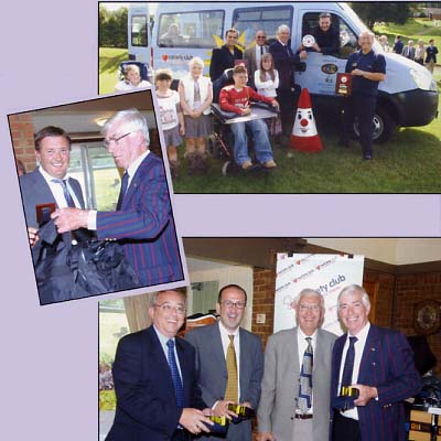 Top: Keith Cain, Joe Goodman, Keith Andrew, Kari Sohi (Hackney Building Supplies) and the hospice children who get the coach keys! You can see our logo on the door behind Keith. - Bottom: Keith Cain, Louis Tsioupra and Allen Togwell collect fourth prize from Joe Goodman - Inset (pic above): Jim Cunningham (S88) collects his 'nearest the pin' prize.