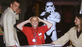DaC's Gerry Dunn is under arrest by Star Wars cops for wearing red and clashing with The Cheeky Girl's knickers!
