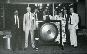 Left to right: Karim Khoja, KB, Bob White, radio technician James Doddis, Vari Ghai, Doug Herman, Karims secretary Baz Edmeades and Eric Dysthe after the traditional gong secretary.